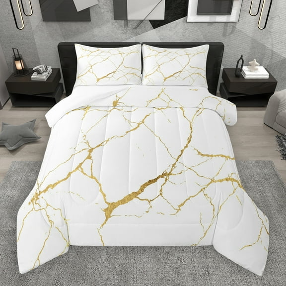 Manfei Marble Texture Road Queen Comforter Set,Modern Minimalist Artistic Bedding Sets,White Gold Bedding Comforter Set For Adults,Microfiber Room Decoration,3 Pieces