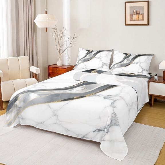 Manfei Marble Texture Road Twin Sheet Set,Gray White,Modern Fluid Art,3-Piece Microfiber