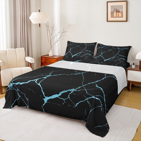 Manfei Marble Texture Road Twin Sheet Sets,Modern Minimalist Artistic Twin Fitted Sheet,Blue Black Flat Sheet For Adults,Microfiber Room Decoration,3-Piece