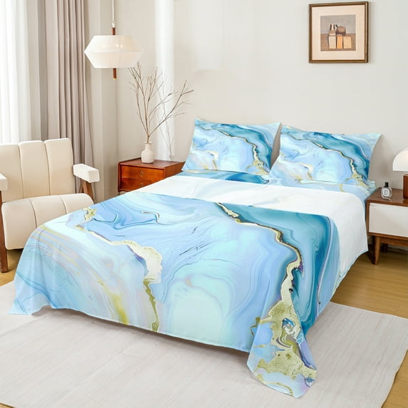 Manfei Marble Texture Road Twin Sheet Sets,Modern Minimalist Artistic Twin Fitted Sheet,Blue Gold Ombre Flat Sheet For Adults,Microfiber Room Decoration,3-Piece