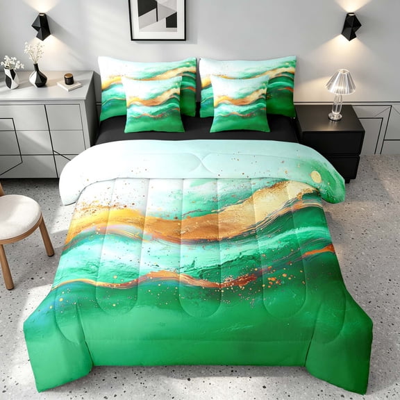 Manfei Marble Twin Bedding, Store Pattern Print Bedding Comforter Set, Green and Gold, Black Reversible 7pcs