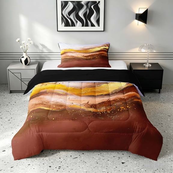 Manfei Marble Twin Comforter Sets, Store Pattern Print Bedding Set, Brown and Gold, Black Reversible 2pcs, 1 Comforter and 1 Pillowcase