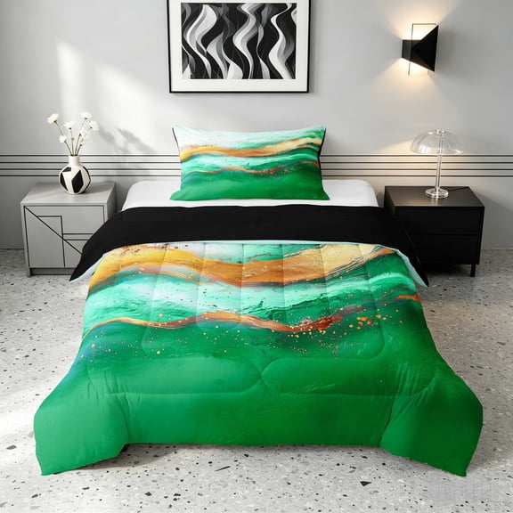 Manfei Marble Twin Comforter Sets, Store Pattern Print Bedding Set, Green and Gold, Black Reversible 2-Piece, 1 Comforter and 1 Pillowcase