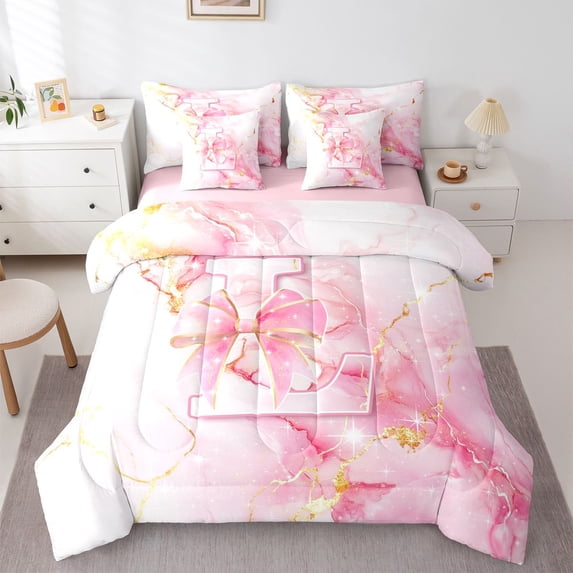 Manfei Marbling 7-Piece King Bedding,Cartoon Initial L King Bed in a Bag,Golden Pink,Pink Reversible