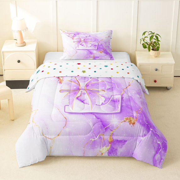 Manfei Marbling Twin Comforter Sets,Cartoon Initial L Bedding Set,Purple,Polkadot Reversible,2 Pieces,1 Comforter and 1 Pillowcase