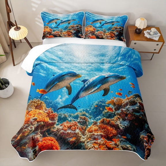 Manfei Marine Dolphin Quilt Full for Boys and Girls, Ocean Wildlife Full Bedspread Sets, 3 Pieces
