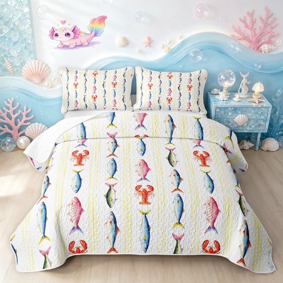 Manfei Marine Fish Lobster Quilt King, Watercolor Lines King Coverlet Set, Yellow White, 3-Piece, 1 Bedspread and 2 Pillowcases