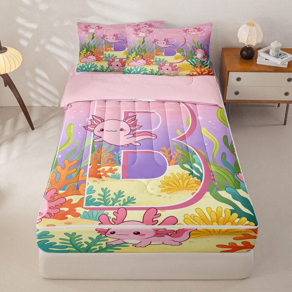 Manfei Marine Life Zipper Twin Comforter Sets with Fitted Sheet and 2 Pillowcases,Monogrammed B Design Zipper Bedding Set,Pink,Pink Reversible4pcs