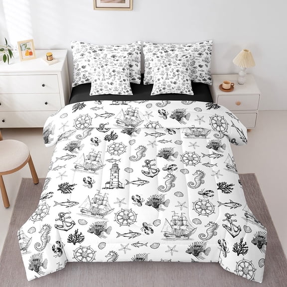Feelyou Marine Sealife Bedding Comforter Set 7pcs, Ocean Lighthouse Queen Bedding Sets, Sea Cartoon Queen Sheet Sets, Microfiber Bedroom Decorative