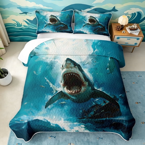 Manfei Marine Shark Bed Spread Queen, Ocean Horror Animal Queen Coverlet Set, Teal Blue, 3-Piece, 1 Quilt and 2 Pillowcases