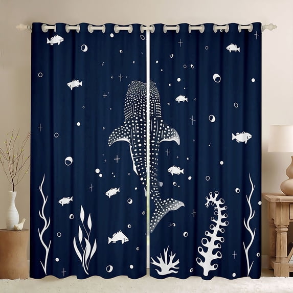 Manfei Marine Shark Blackout Curtains Set of 2 (38x54 Each), Cartoon Water Plant Living Room Curtains, Midnight Blue