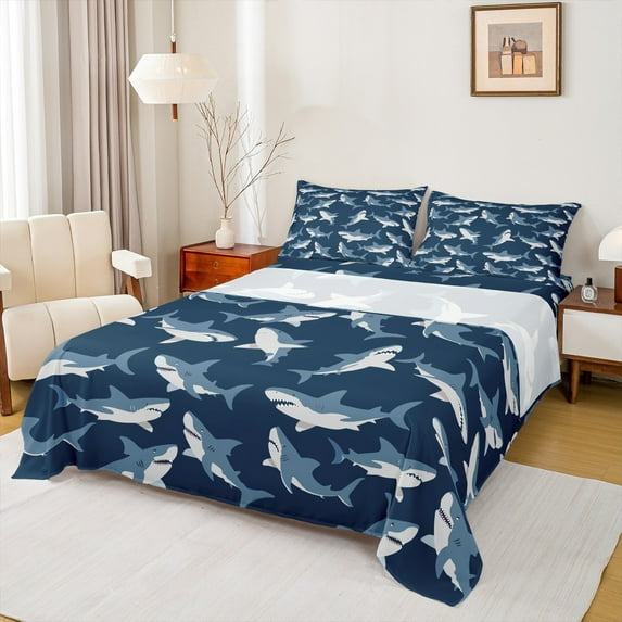 Manfei Marine Shark Child Queen Sheet Sets, Kawaii Ocean Animal Flat Sheet, Cartoon Sealife Theme Queen Fitted Sheet, Super Cozy Room Decor, 4-Piece