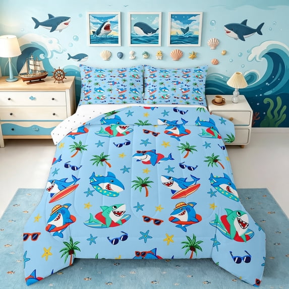 Manfei Marine Shark Full Size Comforter Sets, Hawaii Summer Hoilday Bedding Comforter Set, Light Blue, Reversible, 3pcs, 1 Comforter and 2 Pillowcases
