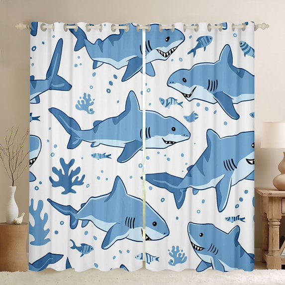 Manfei Marine Shark Kitchen Curtains, Cartoon Coral Fish Black Out Curtains Pack of 2 (42x63 Each), White Blue