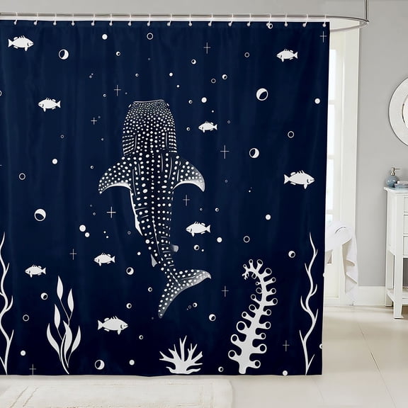 Manfei Marine Shark Shower Curtain 72Wx72L, Cartoon Water Plant Bathroom Curtain, Midnight Blue
