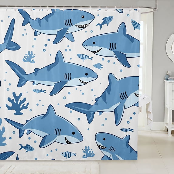 Manfei Marine Shark Shower Curtain 72Wx84L, Cartoon Coral Fish Bathroom Shower Curtain, White Blue