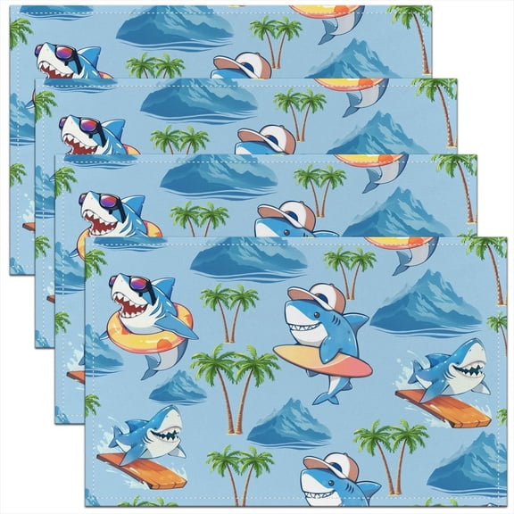 Manfei Marine Shark Surfing Placemats Set Of 4 12"X18",Kawaii Sealife Table Mats for Dining Table Set Of 4,Summer Holiday Decor