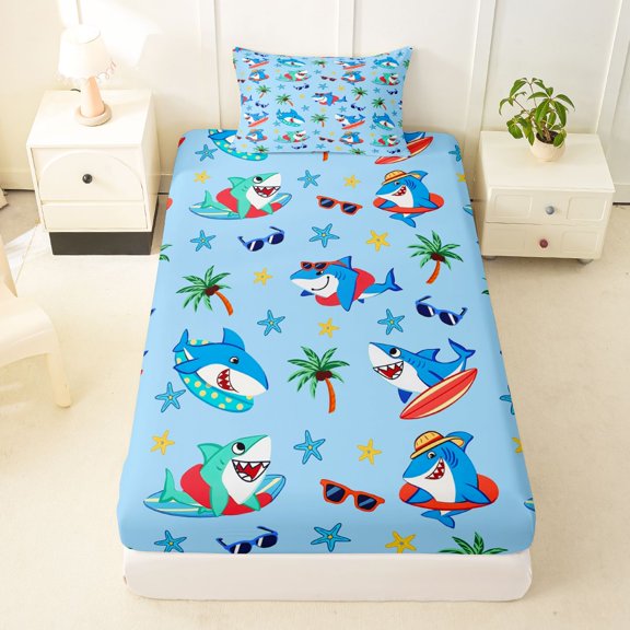 Manfei Marine Shark Twin Fitted Sheet, Hawaii Summer Hoilday Bedding, Light Blue, 2pcs, 1 Fitted Sheet and 1 Pillowcase