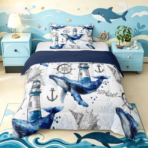 Manfei Marine Whale Twin Comforter Sets, Nautical Anchor Lighthouse Bedding Set, White Blue, Blue Reversible, 2pcs, 1 Comforter and 1 Pillowcase