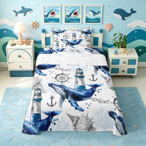 Manfei Marine Whale Twin Sheets, Nautical Anchor Lighthouse Bedding, White Blue, 3pcs, 1 Flat Sheet, 1 Fitted Sheet and 1 Pillowcase