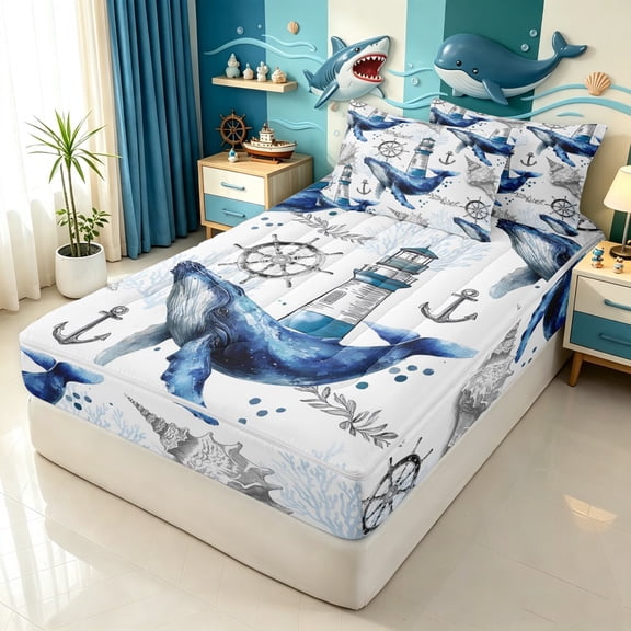 Manfei Marine Whale Zipper Twin Comforter Sets with Fitted Sheet and 2 Pillowcases, Nautical Anchor Lighthouse Zipper Bedding Set, White Blue, Blue Reversible, 4pcs