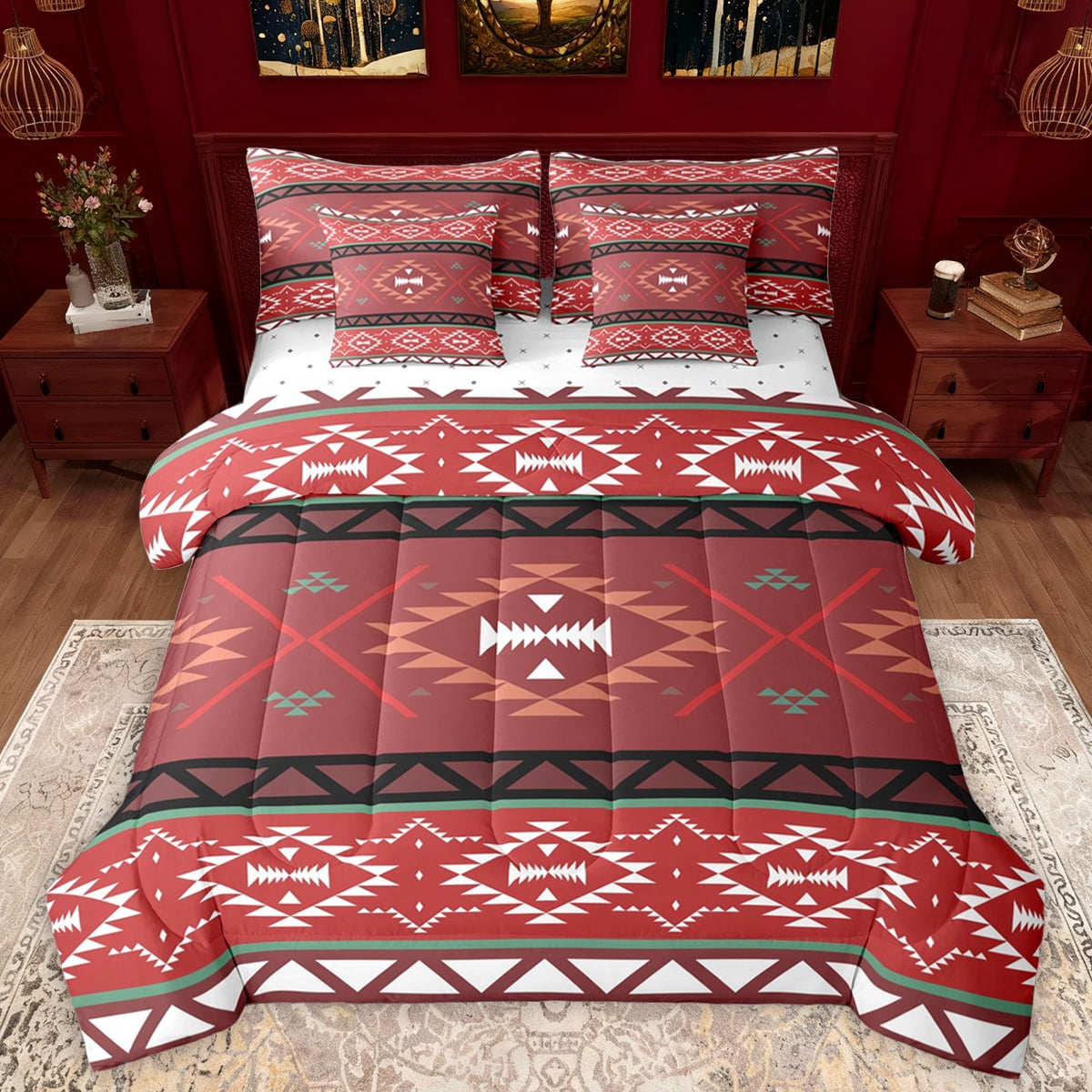 Manfei Maroon Abstract Aztec Bedding Comforter Set 7pcs, Retro Hippie ...
