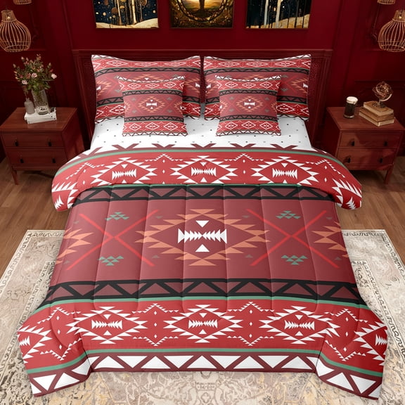Manfei Maroon Abstract Aztec Twin Bedding Sets 7-Piece, Retro Hippie Triangle Bedding Comforter Set, Southwestern Theme Reversible Sheet Sets, Ultra Soft Bedroom Decor