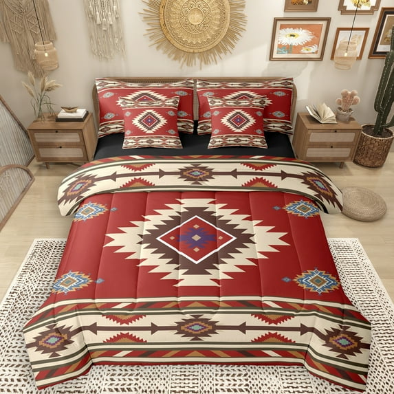 Manfei Maroon Bohemian Aztec 7-Piece Twin Bedding Sets, Vintage Brown Triangle Bedding Comforter Set, Teen Kid Adult Reversible Sheet Sets, Lightweight Room Decor