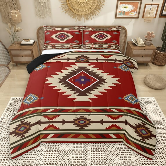 Manfei Maroon Bohemian Aztec Full Size Comforter Sets, Vintage Brown Triangle Bedding Comforter Set, Teen Kid Adult Reversible Bedding Sets, Lightweight Room Decor, 3 Pieces