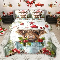 Manfei Marry Christmas 7-Piece Twin Bedding Sets,Farm Highland Cattle Bedding Comforter Set,Red Berry Xmas Flower Sheet Sets For Boys Kids,Super Cozy Room Decor Reversible