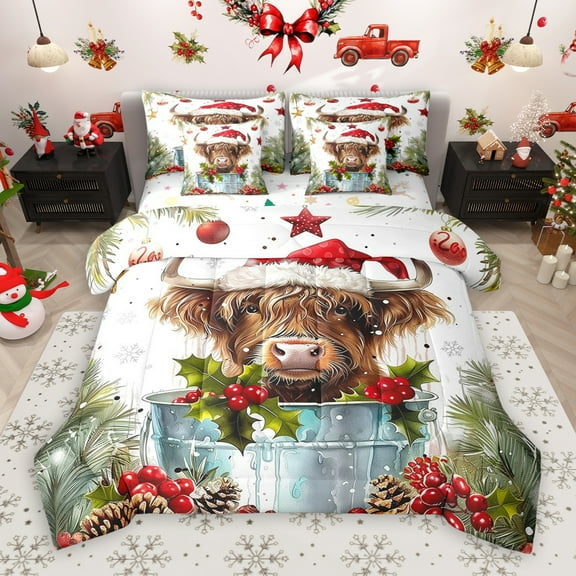 Manfei Marry Christmas 7-Piece Twin Bedding Sets,Farm Highland Cattle Bedding Comforter Set,Red Berry Xmas Flower Sheet Sets For Boys Kids,Super Cozy Room Decor Reversible