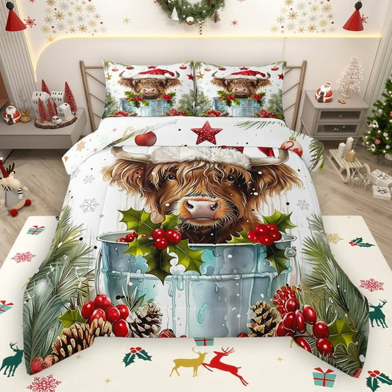 Manfei Marry Christmas Bedding Comforter Set,Farm Highland Cattle Twin Comforter Sets,Red Berry Xmas Flower Bedding Set For Boys Kids,Super Cozy Room Decor Reversible,2pcs