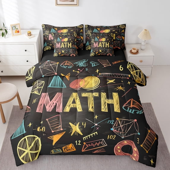 Manfei Mathematics Education Bedding Comforter Set 7 Pieces,Math Geometric Pattern Queen Bedding Sets,Cute Cartoon Graffit Queen Sheet Sets,Super Cozy Bedroom Decor Reversible