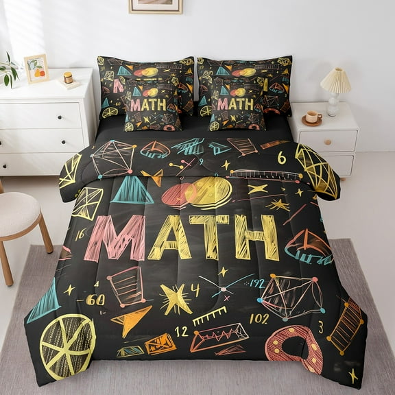 Manfei Mathematics Education Bedding Comforter Set 7 Pieces,Math Geometric Pattern Queen Bedding Sets,Cute Cartoon Graffit Queen Sheet Sets,Super Cozy Bedroom Decor Reversible