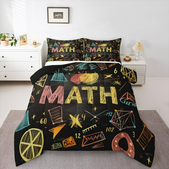 Manfei Mathematics Education Bedding Comforter Set,Math Geometric Pattern Twin Comforter Sets,Cute Cartoon Graffit Bedding Set,Super Cozy Bedroom Decor Reversible,2pcs