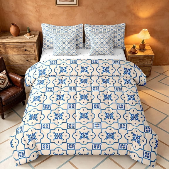Manfei Mediterranean Tile Twin Bedding, Blue Beige Bedding Comforter Set, Reversible 7-Piece
