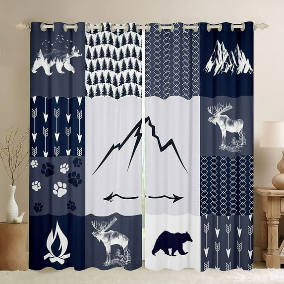 Manfei Men Rustic Hunting Blackout Curtains Set of 2 (52x84 Each), Bear Reindeer Animal Window Curtains, Navy Grey Patchwork Curtains and Drapes, Window Curtains Home Decor