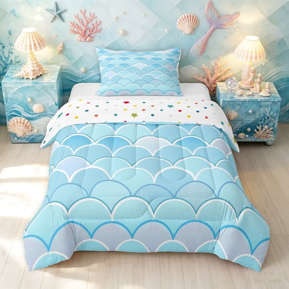 Manfei Mermaid Fish Tail Twin Comforter Sets, Sea Princess Theme Bedding Set, Light Blue, Polkadot Reversible, 2 Pieces, 1 Comforter and 1 Pillowcase