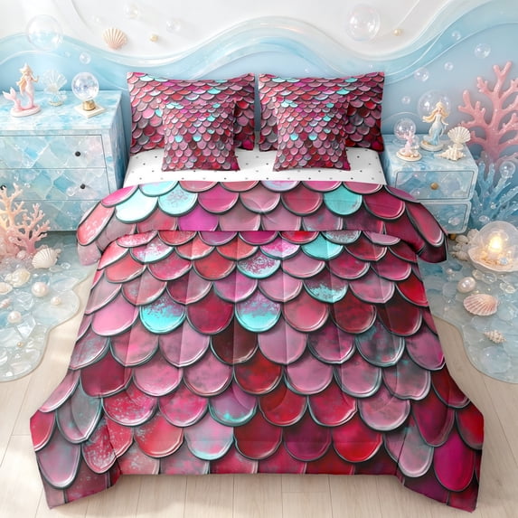 Manfei Mermaid Princess Twin Bedding, Vintage Fish Scale Bedding Comforter Set, Magenta Turquoise, Reversible, 7 Pieces