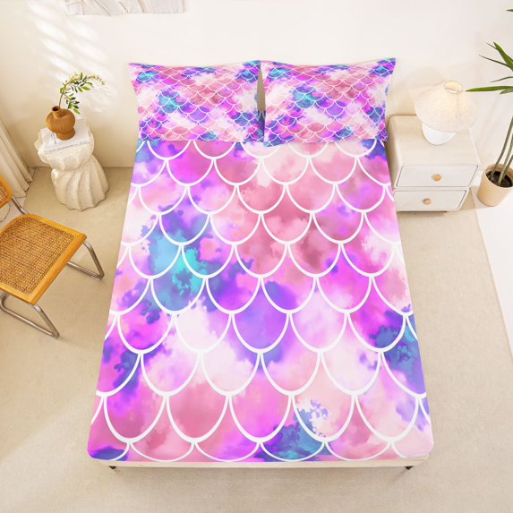 Manfei Mermaid Scale Fitted Sheet Full, Ink Sealife Bed Set, Purple Pink, 3 Pieces, 1 Fitted Sheet and 2 Pillowcases