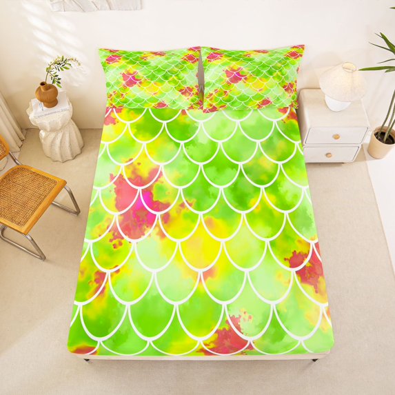 Manfei Mermaid Scale Fitted Sheet Queen, Ink Fish Tail Bedding, Lime Green Fuchsia, 3-Piece, 1 Fitted Sheet and 2 Pillowcases
