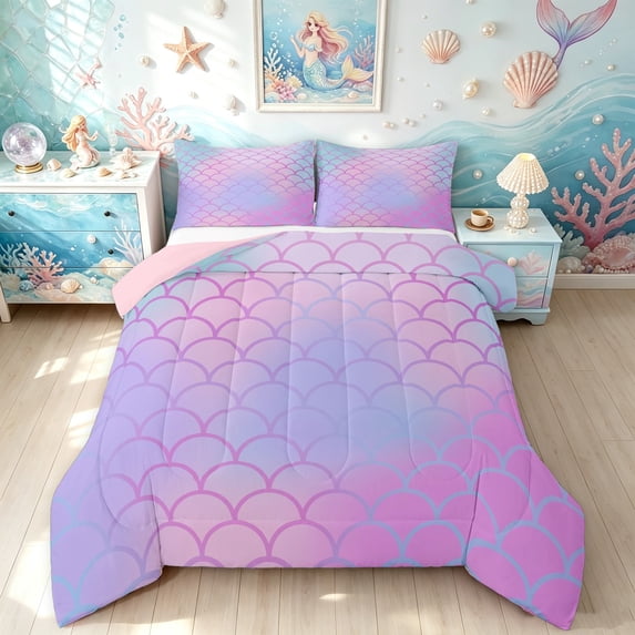 Manfei Mermaid Scale King Size Comforter Sets, Dreamy Gradient Shell Comforters King Size, Pink Lavender, Pink Reversible, 3 Pieces, 1 Comforter and 2 Pillowcases
