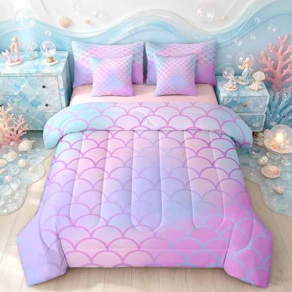Manfei Mermaid Scale Queen Bedding, Dreamy Gradient Shell Bedding Comforter Set Queen, Pink Lavender, Pink Reversible, 7 Pieces