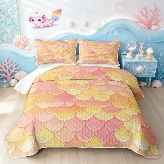 Manfei Mermaid Scale Quilt Full, Gradient Fish Scale Full Bedspread Sets, Pink Yellow, 3pcs, 1 Coverlet and 2 Pillowcases