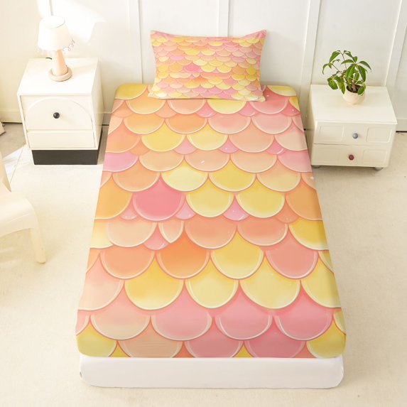 Manfei Mermaid Scale Twin Fitted Sheet, Gradient Fish Scale Bedding, Pink Yellow, 2pcs, 1 Fitted Sheet and 1 Pillowcase