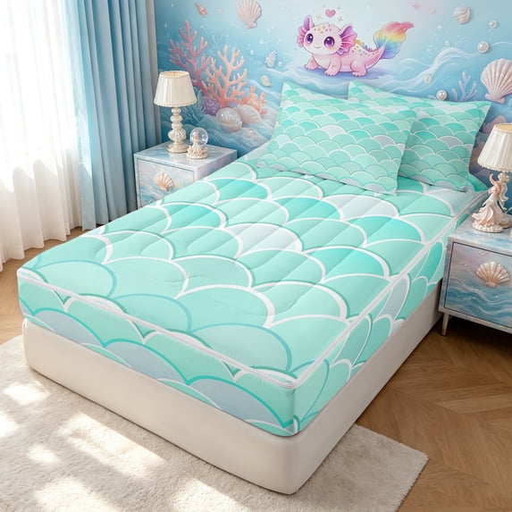 Manfei Mermaid Scale Zipper Full Size Comforter Sets with Fitted Sheet and 2 Pillowcases, Ocean Cartoon Mermaid Zipper Bedding Set, Teal, Polkadot Reversible, 4-Piece