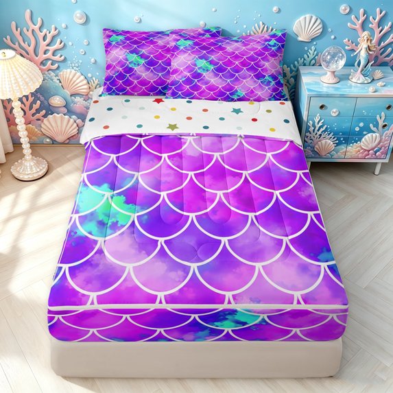Manfei Mermaid Scale Zipper Full Size Comforter Sets with Fitted Sheet and 2 Pillowcases, Watercolor Wash Zipper Bedding Set, Purple Teal, Polkadot Reversible, 4-Piece