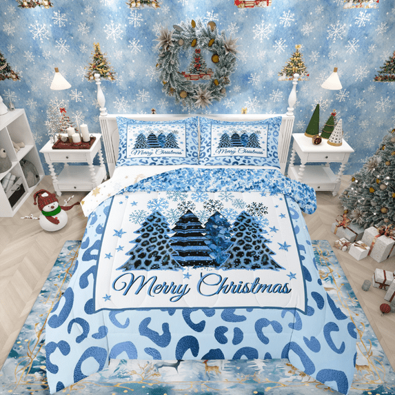 Manfei Merry Christmas 3-Piece Full Size Comforter Sets,Leopard Print Bedding Comforter Set,Bling Glitter Lightweight Bedding Sets,Ultra Soft Festival Home Decor,Reversible