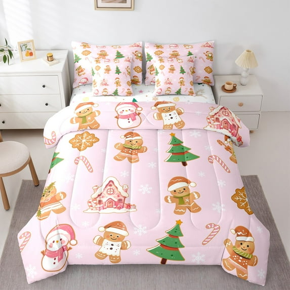 Manfei Merry Christmas 7-Piece Bedding Comforter Set,Happy Christmas King Bedding Sets,Festival Xmas Ultra Soft Bed Sheets,Lightweight Cartoon Room Decor,Reversible