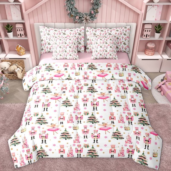 Manfei Merry Christmas 7-Piece Bedding Comforter Set,Nutcracker Soldier King Bedding Sets,Pink Ball Girls Bed Sheets For Teens,Microfiber Bedroom Decor Reversible